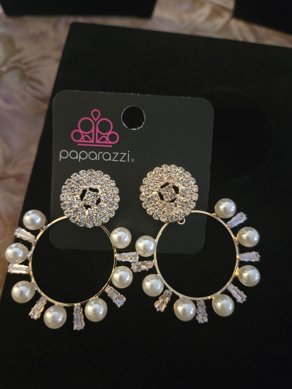 Paparazzi Gold Pearl & Crystal Hoop Drop Earrings - White